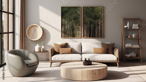 Stylish Living Room Interior with an Abstract Frame Poster  Modern interior design  3D render  3D illustration