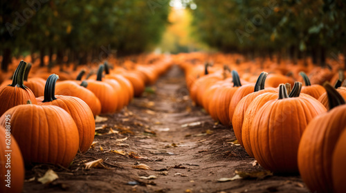 Pumpkin patch with rows of orange pumpkins ready for carving. Ripe pumpkins in a farmer's field. Generative Ai.