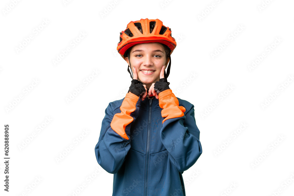 Teenager cyclist girl over isolated chroma key background smiling with a happy and pleasant expression Teenager cyclist girl over isolated chroma key background smiling with a happy and pleasant expression