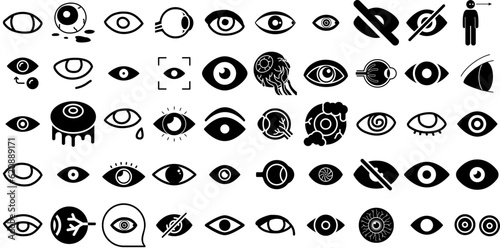 Huge Collection Of Eyeball Icons Collection Black Drawing Silhouettes Eyelid, Human, Artificial, Eyeball Pictograms Vector Illustration