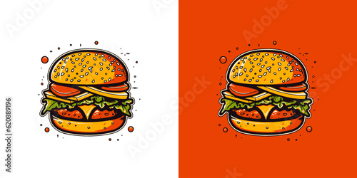 Hand drawn set of vector burger logos on white and red background. Logotype illustration.