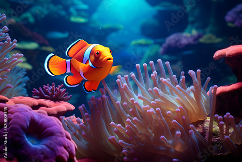 vibrant clownfish swimming in coral reef sea
