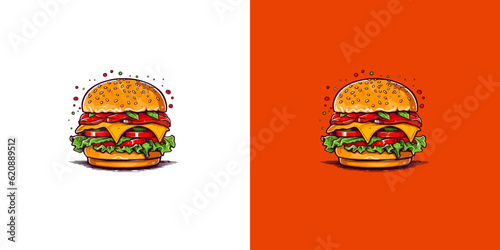 Hand drawn set of vector burger logos on white and red background. Logotype illustration.