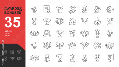 Awards_iconsAwards and Bonuses Editable Icons set. Vector illustration in modern thin line style of icons, such as: Cups, Awards, Medals, Diplomas, Champion, Number One, Stars, Winner, Ribbon. Isolate