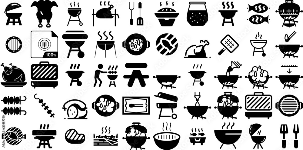 Mega Set Of Grill Icons Pack Hand-Drawn Linear Simple Signs Charcoal, Icon, Sausage, Glyphs Elements Isolated On White