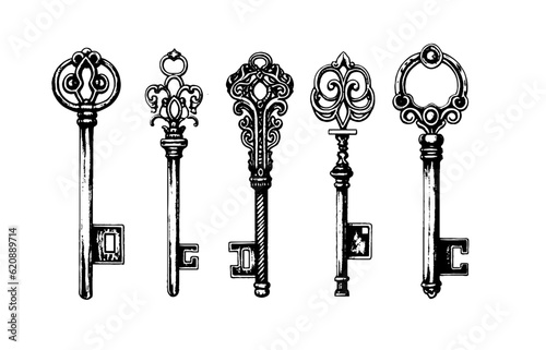Victorian key collection vintage illustration. Medieval Gothic locks set. Vector keys in engraving