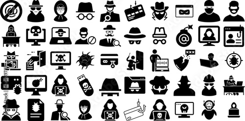 Mega Set Of Hacker Icons Collection Linear Drawing Web Icon Icon, Unprotected, Threat, Programmer Clip Art Vector Illustration