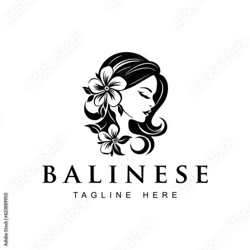 Beautiful woman logo with frangipani floral ornament, black and white, vintage design template vector illustration