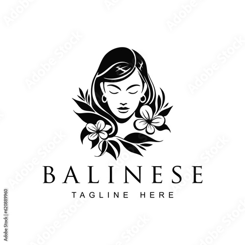 Beautiful woman logo with frangipani floral ornament, black and white, vintage design template vector illustration
