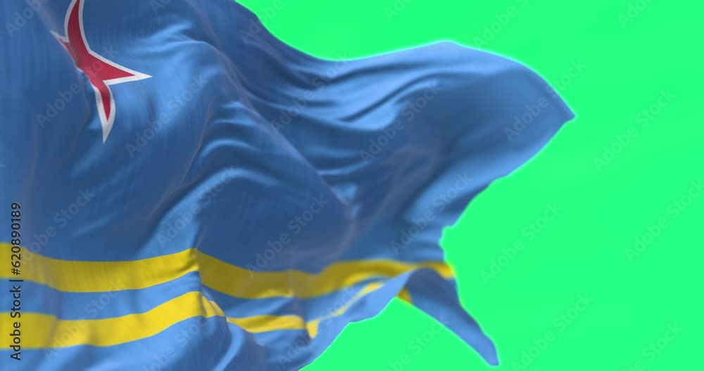 Seamless loop in slow motion of Aruba flag waving isolated on a green background