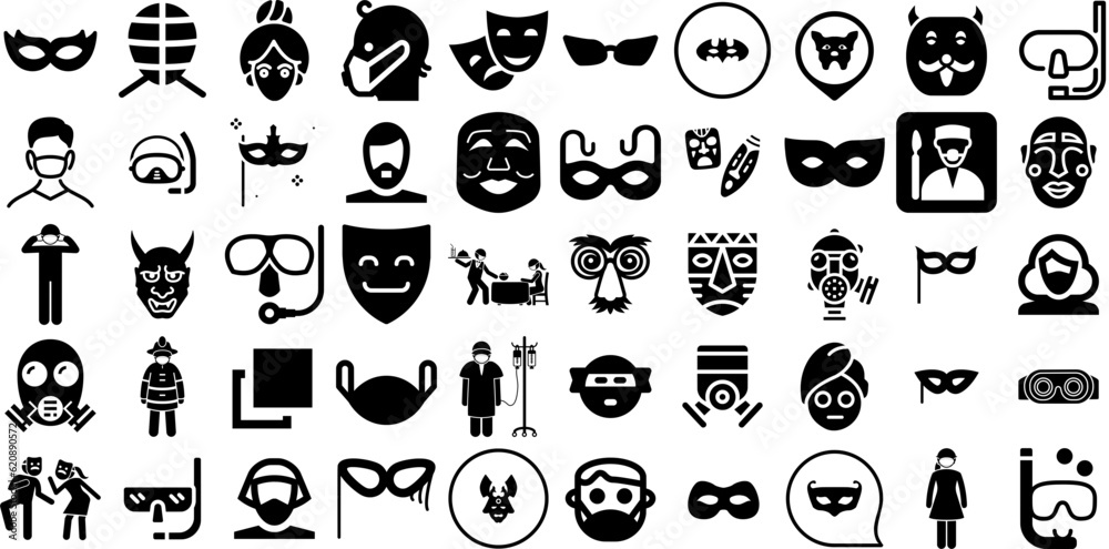 Mega Collection Of Mask Icons Pack Hand-Drawn Black Vector Signs Icon, Symbol, Aid, Weld Silhouette Isolated On Transparent Background
