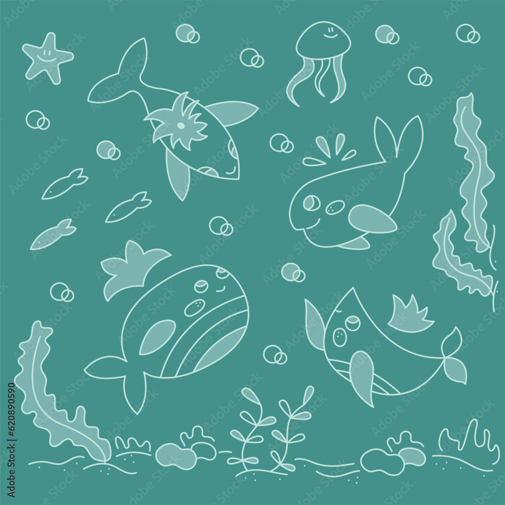 Set with four cute different whales. Doodle color vector illustration. Set with four cute different whales. Doodle color vector illustration.