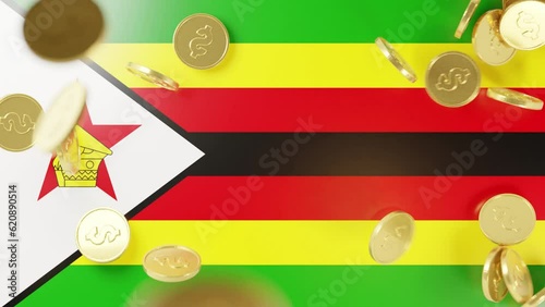 The flag of Zimbabwe and dollar coins fall on top of it. View from top - 3D render animation.  photo