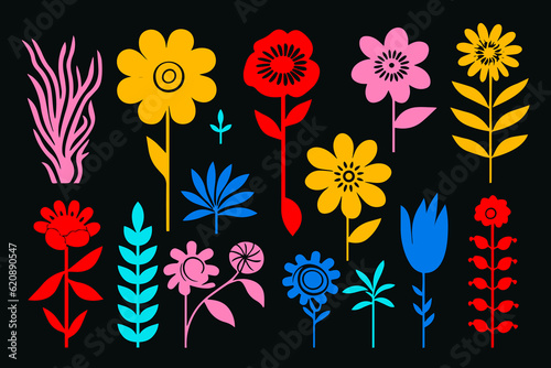 Colorful contemprorary flower seamless pattern illustration. Set of naive hand drawn flowers photo