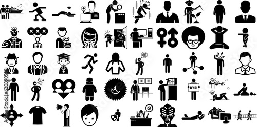 Huge Set Of Man Icons Set Hand-Drawn Solid Cartoon Web Icon Profile, Workwear, Carrying, Silhouette Elements For Computer And Mobile