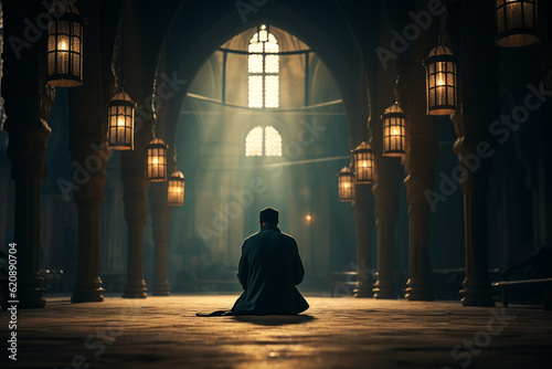 Muslim man praying in old mosque. Generative AI