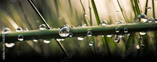 water drops on the grass, Mystic Serenity: Water Droplets Falling from a Reed in Tranquil Gardenscape with a Sunny Mood, Silver and Green Palette, and Prickly Precisionist Lines photo