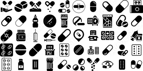 Massive Set Of Pill Icons Pack Linear Concept Symbols Health, Glyphs, Tablet, Icon Illustration For Computer And Mobile photo