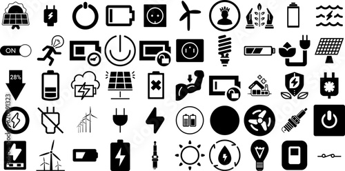 Huge Set Of Power Icons Pack Hand-Drawn Solid Infographic Silhouettes Global, Wind, Set, Pointer Element Isolated On Transparent Background
