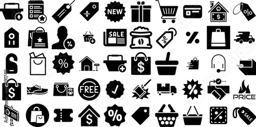 Mega Collection Of Sale Icons Bundle Flat Vector Web Icon Set, Silhouette, Shopping, Sweet Pictograph Isolated On Transparent Background