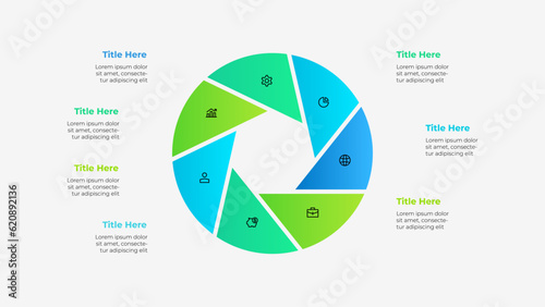 Circle diagram divided into 7 parts with a heptagon in the center. Template of seven options of business project infographic