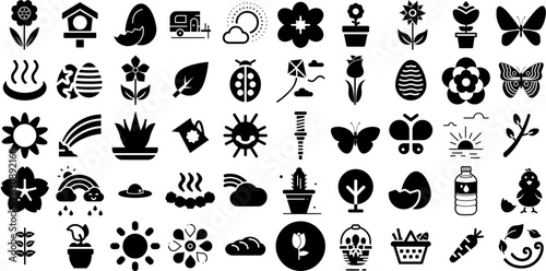 Big Set Of Spring Icons Bundle Solid Vector Elements Japan, Sum, Flora, Icon Doodle For Apps And Websites