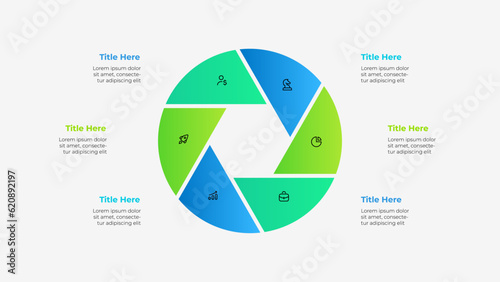 Circle diagram divided into 6 parts with a hexagon in the center. Template of six options of business project infographic
