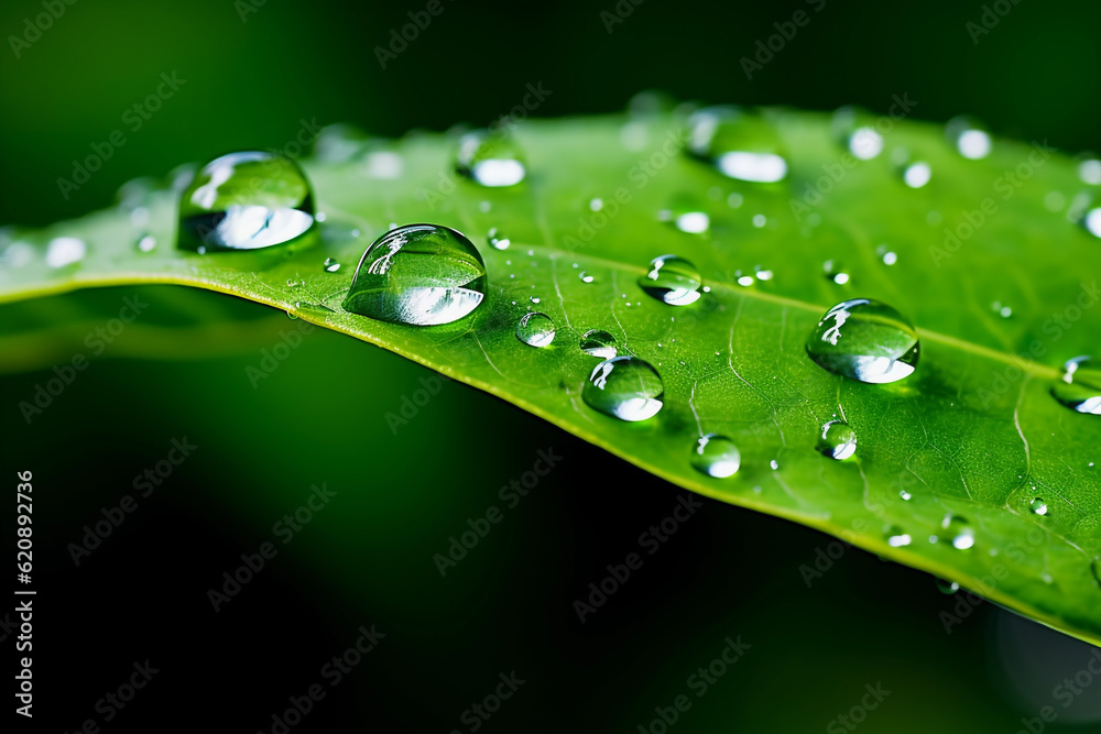 Macro large dew or raindrops on a green leaf, close-up. Summer forest in morning glow at sun day. Generative AI Macro large dew or raindrops on a green leaf, close-up. Summer forest in morning glow at sun day. Generative AI