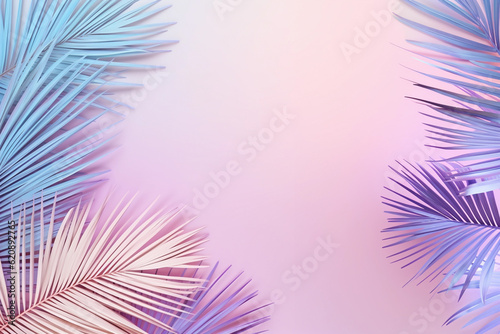 Tropical palm leaves in vibrant neon gradient, holographic colors. minimal art concept.	Generative AI
