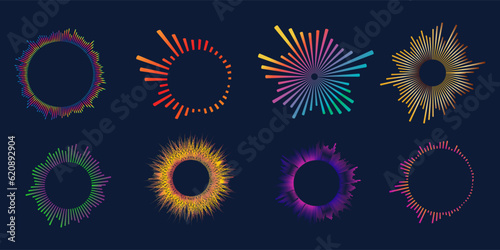 Isolated radial sound wave curve with light particles. Frequency audio waveform, music wave, circle bar, voice graph signal. Vector illustration
