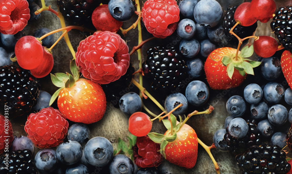 a bunch of berries and raspberries on a table. generative ai a bunch of berries and raspberries on a table. generative ai