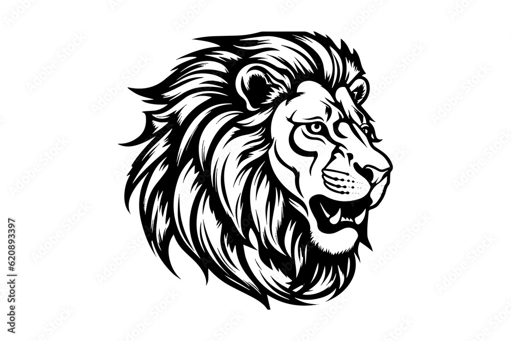 The lion head hand draw vintage engraving  black and white vector illustration on a white background.