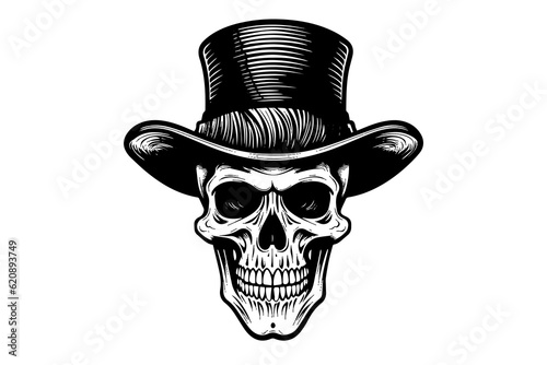 Human skull in a hat in woodcut style. Vector engraving sketch illustration for tattoo and print design.