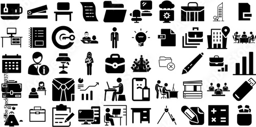 Massive Set Of Office Icons Set Hand-Drawn Solid Drawing Silhouette Tool, Condo, Set, Person Signs Isolated On Transparent Background
