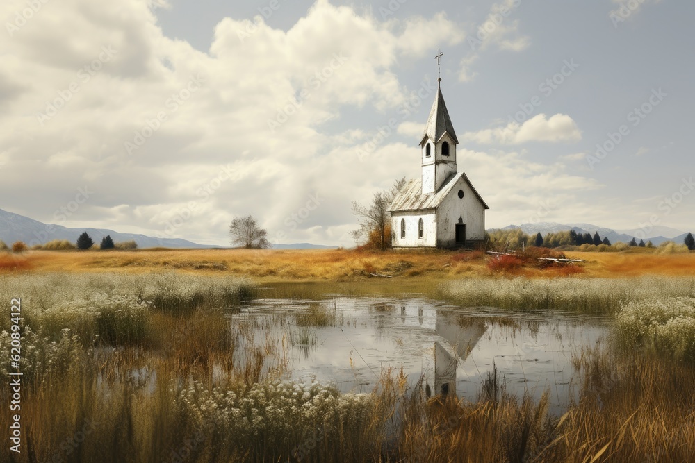 Church in the meadow with reflection in the water, with mountains in the background
