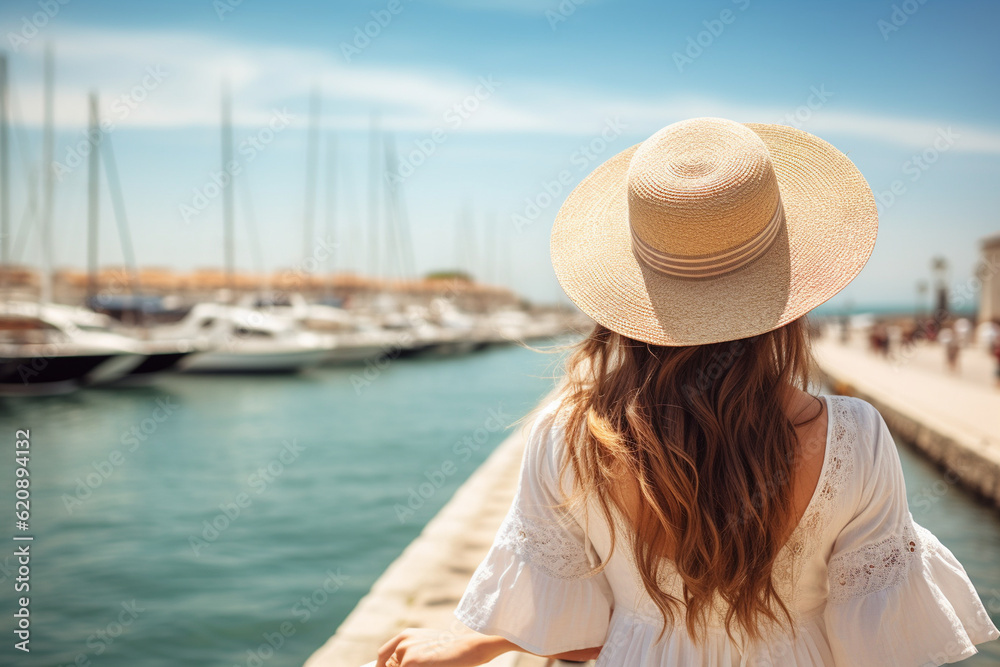 The back view of a young stylish woman strolling along a charming seaside promenade, her straw hat adding an element of glamour to her coastal style Generative AI