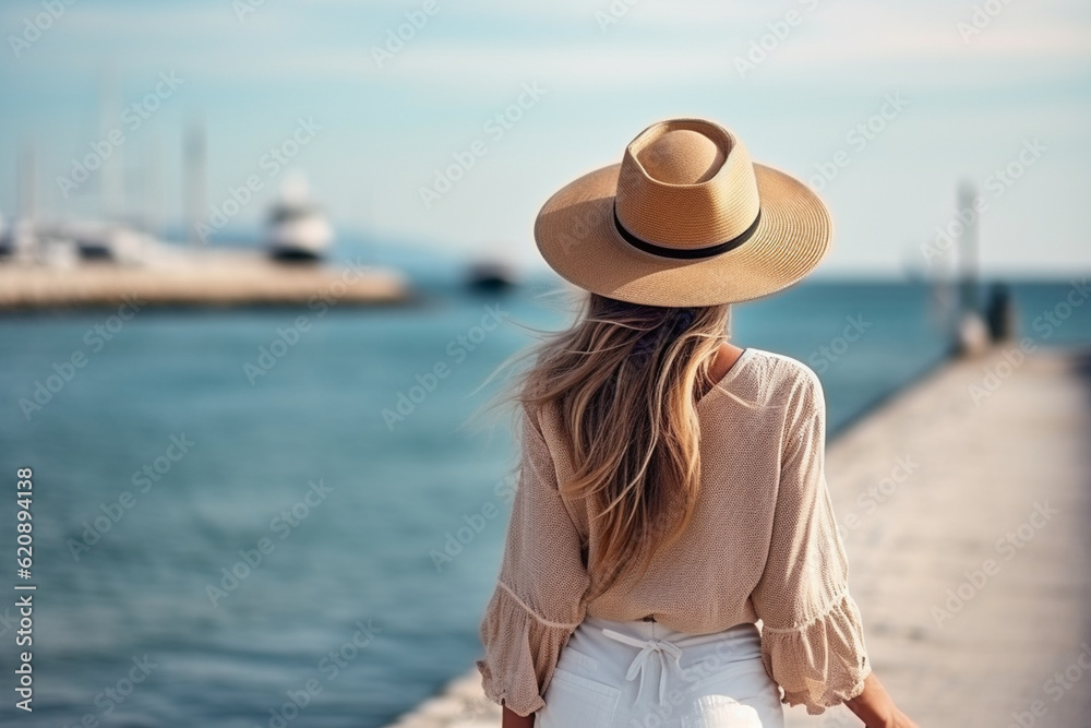 The back view of a young stylish woman strolling along a charming seaside promenade, her straw hat adding an element of glamour to her coastal style Generative AI