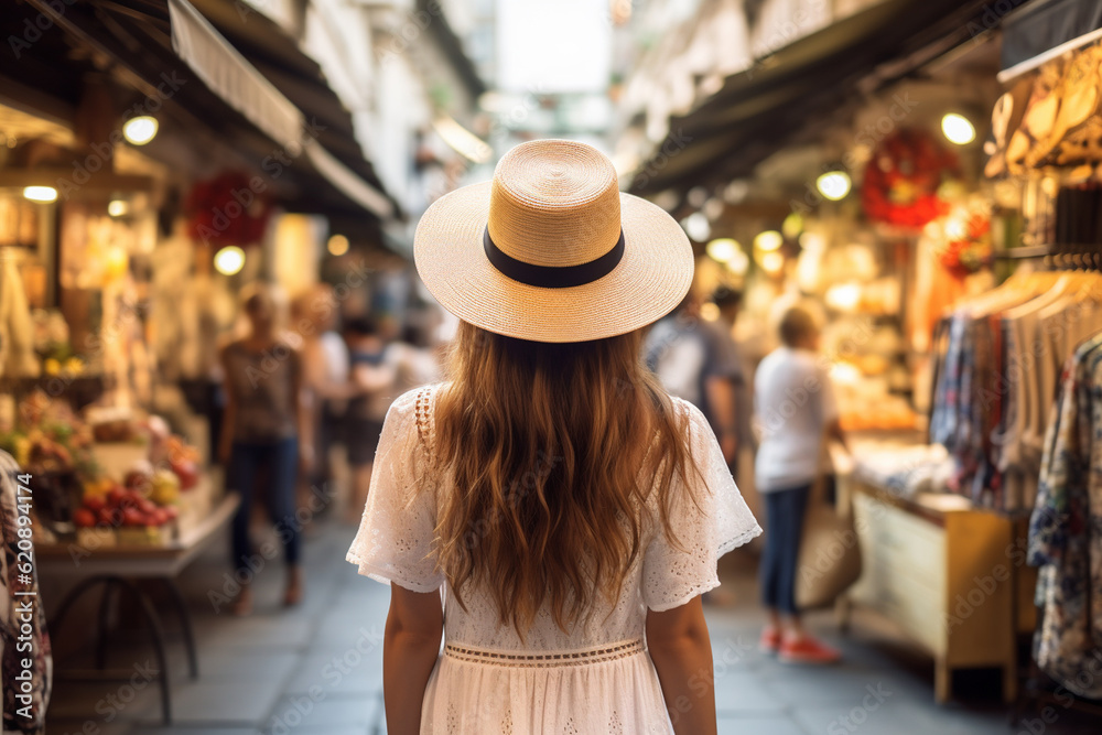 The back view of a young stylish woman exploring a bustling outdoor market, her straw hat contributing to her effortlessly chic vacation look Generative AI