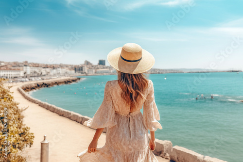 The back view of a young stylish woman strolling along a charming seaside promenade, her straw hat adding an element of glamour to her coastal style Generative AI © Denis Yevtekhov