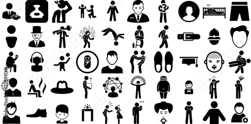 Big Set Of Man Icons Collection Flat Infographic Silhouettes Carrying, Silhouette, Workwear, Profile Signs Vector Illustration