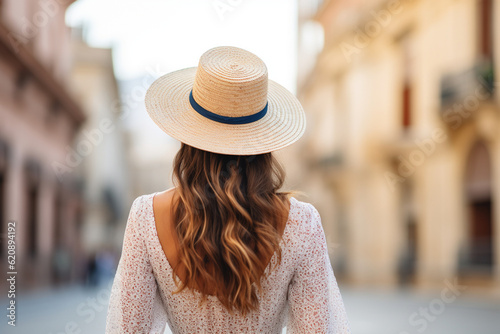 A close-up of a young stylish woman's back, standing on a vibrant city street, her straw hat adding a touch of sophistication to her urban style Generative AI