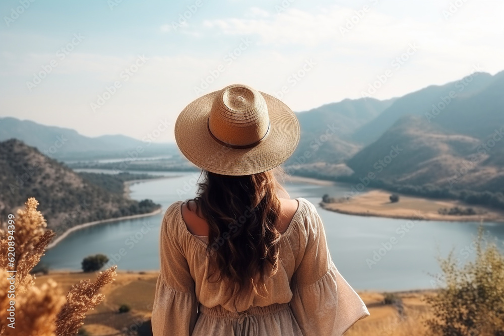 The back view of a young stylish woman standing at a picturesque lookout point, her straw hat framing the stunning landscape behind her Generative AI