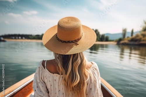 The back view of a young stylish woman enjoying a boat ride on a serene lake, her long blond hair gently swaying beneath her trendy straw hat Generative AI © Denis Yevtekhov