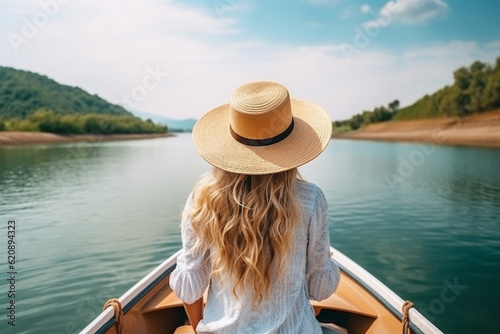 The back view of a young stylish woman enjoying a boat ride on a serene lake, her long blond hair gently swaying beneath her trendy straw hat Generative AI