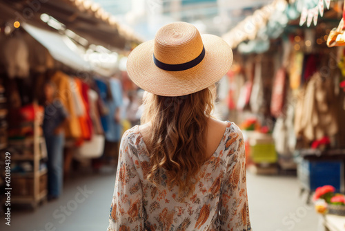 The back view of a young stylish woman leisurely walking through a vibrant local market, her straw hat adding a touch of flair to her ensemble Generative AI