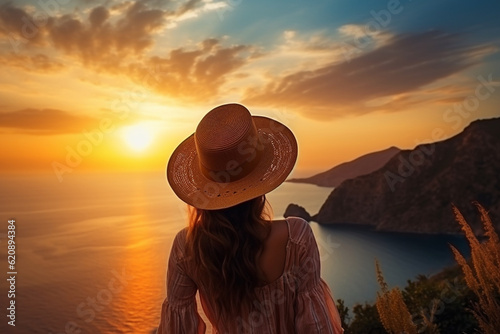 A silhouette of a young stylish woman wearing a straw hat, standing on a cliff and admiring a breathtaking sunset Generative AI