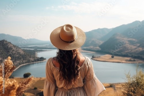The back view of a young stylish woman standing at a picturesque lookout point, her straw hat framing the stunning landscape behind her Generative AI © Denis Yevtekhov