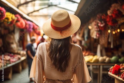 The back view of a young stylish woman strolling through a vibrant market, her straw hat adding a touch of elegance Generative AI © Denis Yevtekhov
