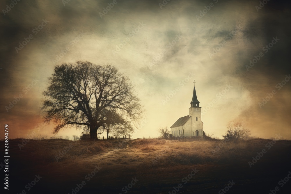 Obraz premium Old church in a foggy landscape with a tree in the foreground