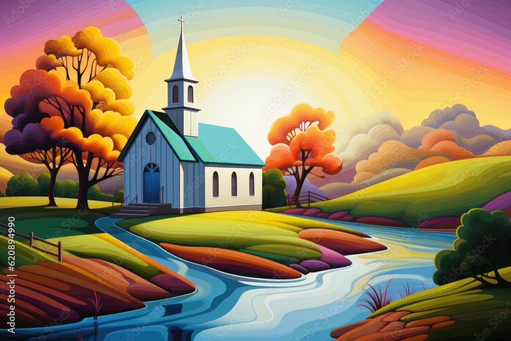Naklejka premium Church in the morning mist. 3d rendering. Computer digital drawing.